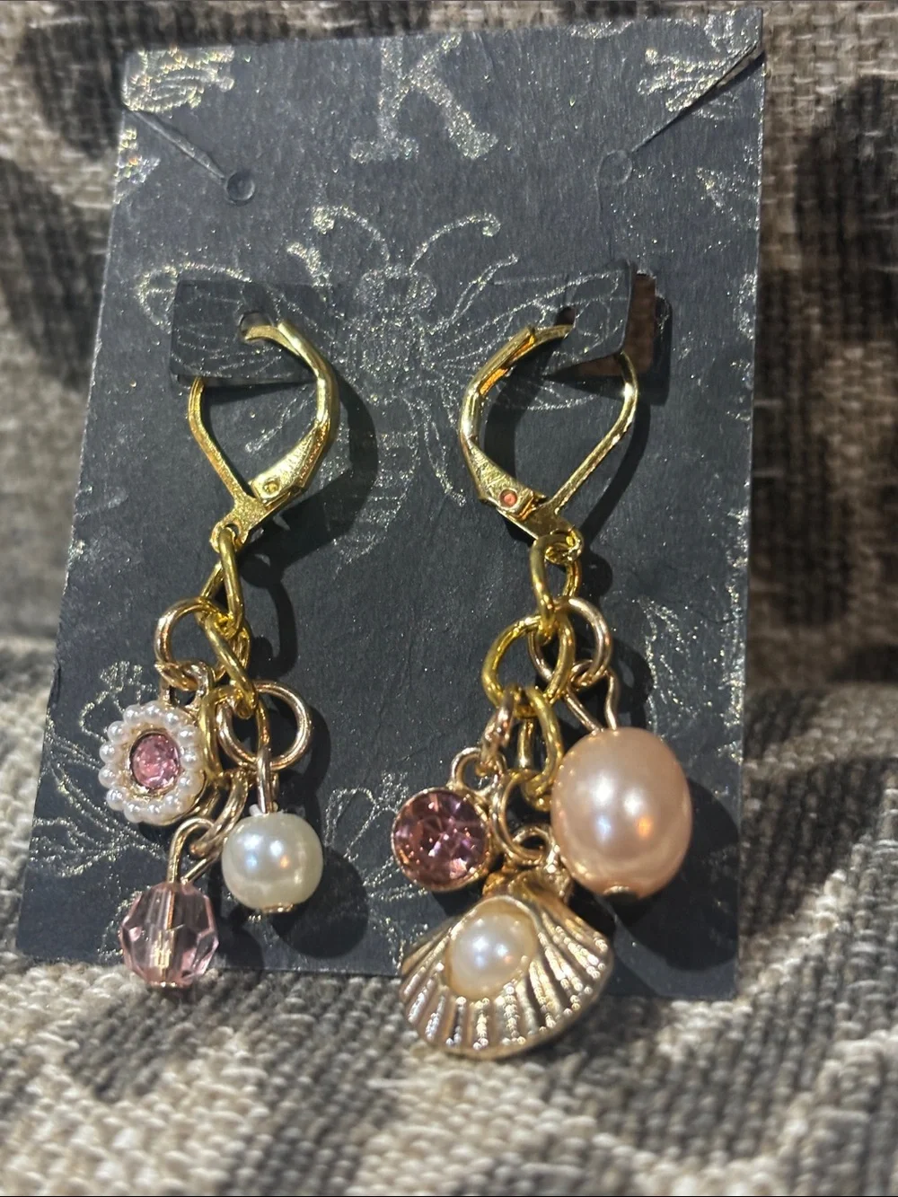 KB coastal dangle earring beachy resort gold tone pink gemstone pearl accent